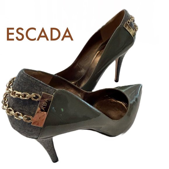 Elegant ESCADA 38.5 EU (8.5) Green Patent Leather and Grey Heels - Picture 3 of 10
